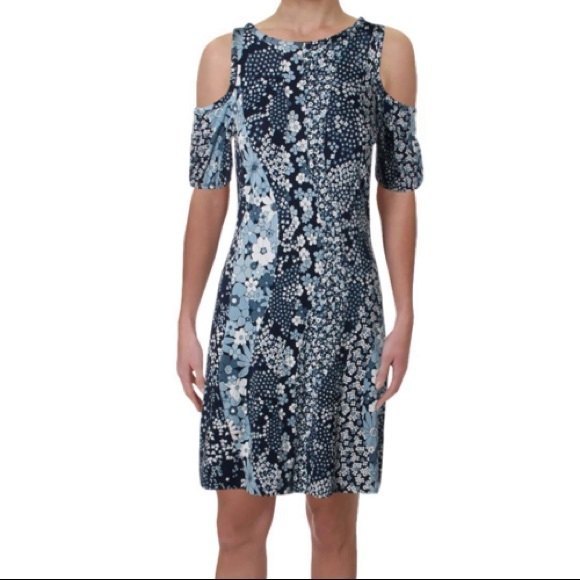 Michael Kors Floral Blue Cold Shoulder Dress - Picture 1 of 4